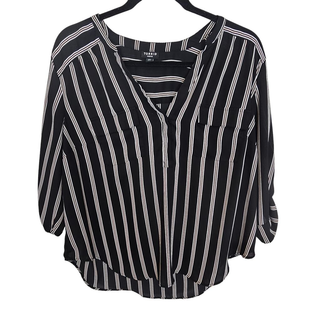 Torrid Top Striped Blouse Plus Size Blouse V-Neck Top Black Size 00 Harper
